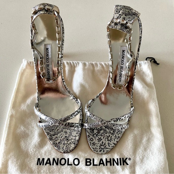 Manolo Blahnik slingback sandals, embossed crystal ankle strap, 7.5 US / 37.5 EU - Picture 2 of 16